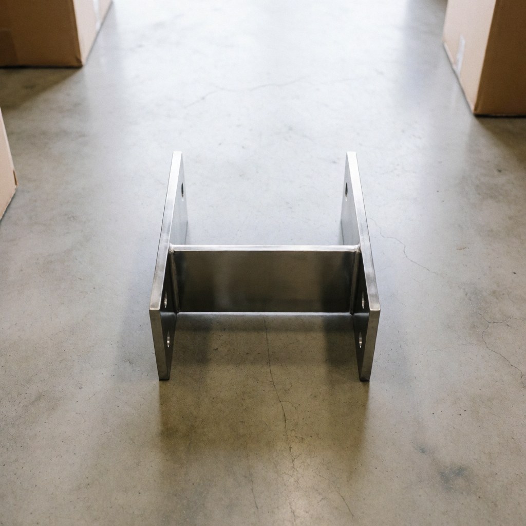 Support métallique poli et précis sur sol en béton dans une usine, éclairage diffus, scène industrielle propre et réaliste.