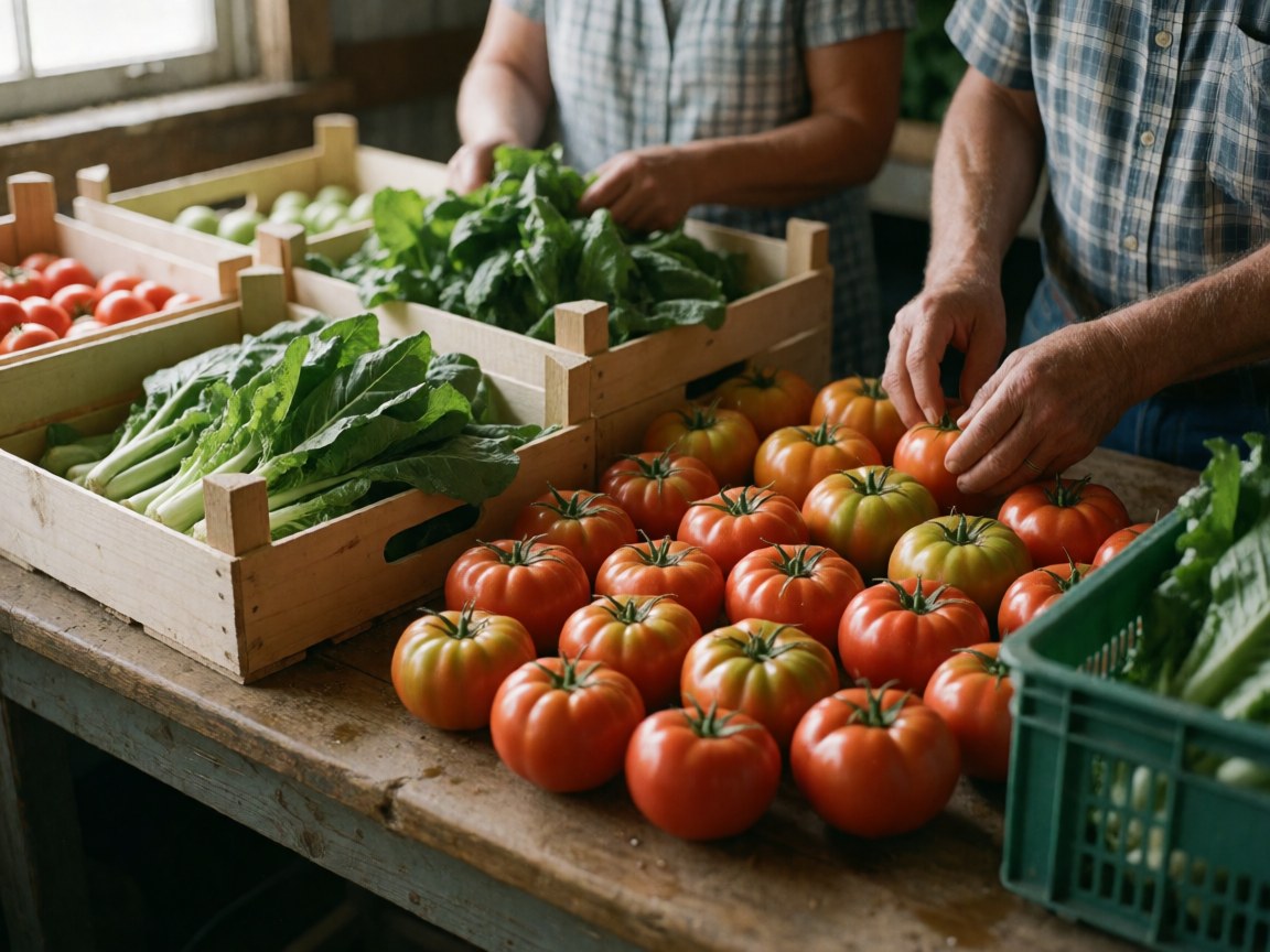 Des tomates rouges et de la laitue verte fraîches sont présentées dans des caisses en bois sur une table, mettant en valeur les produits agricoles naturels.
