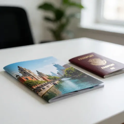 Une brochure touristique ouverte à côté d'un passeport fermé reposant sur une surface de bureau claire, évoquant la préparation d'un voyage professionnel ou personnel.