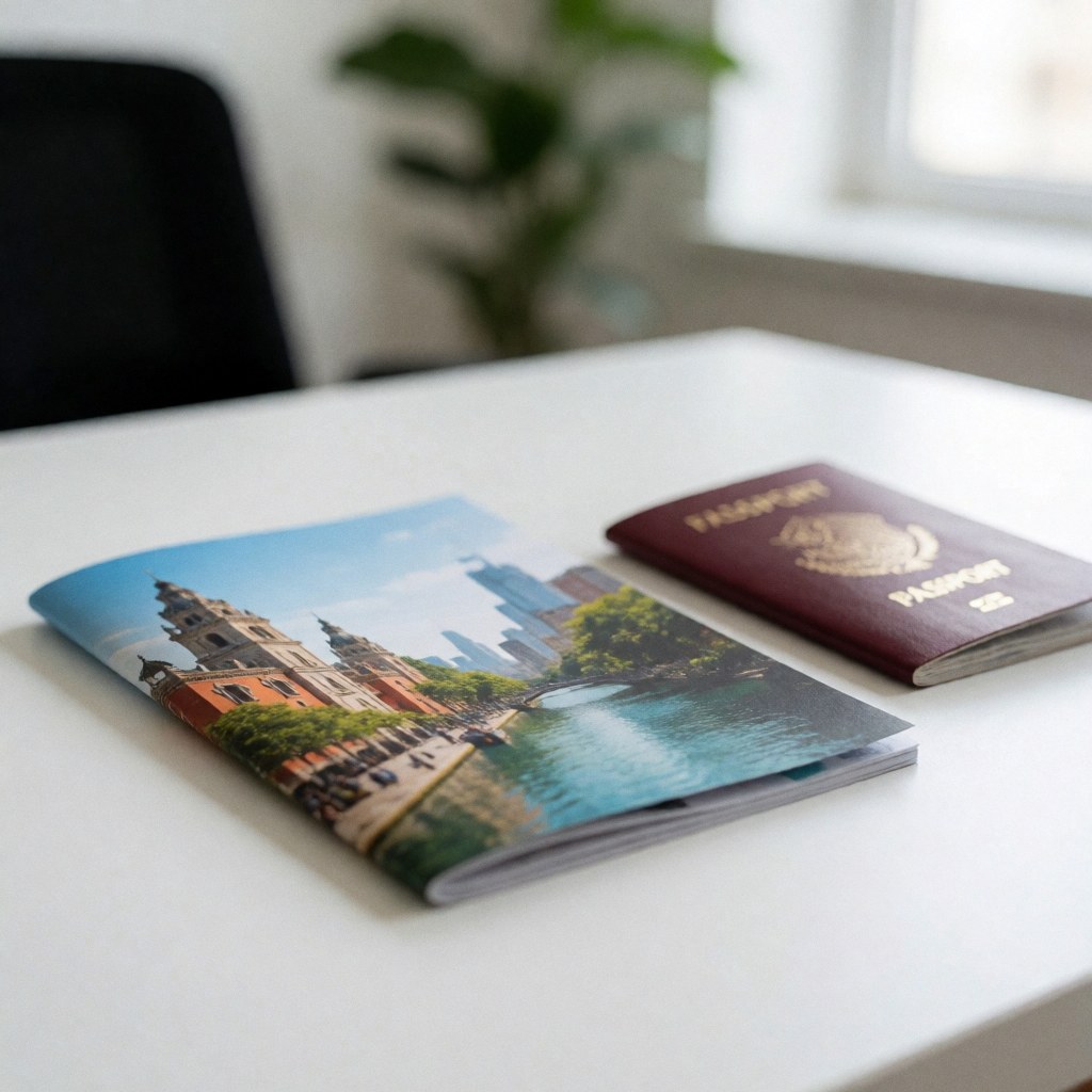 Une brochure touristique ouverte à côté d'un passeport fermé reposant sur une surface de bureau claire, évoquant la préparation d'un voyage professionnel ou personnel.