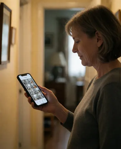 Une femme utilise l'application de sécurité sur son téléphone portable avec une expression détendue dans un intérieur chaleureux.