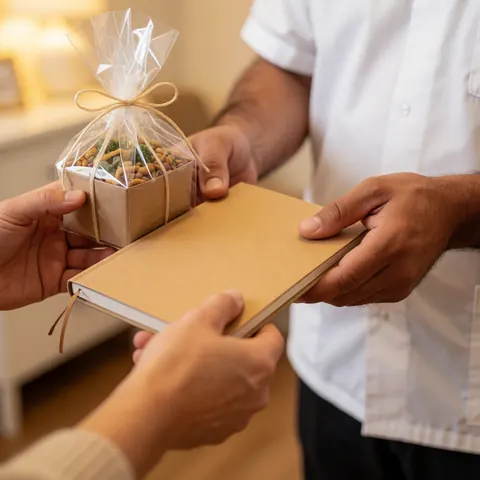 Un professionnel remet à un client un carnet ou une boîte contenant son plan nutritionnel personnalisé dans un cadre de soin bienveillant.