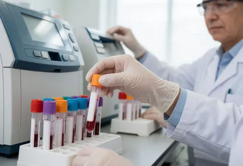 Gloves hand taking a blood sample from a rack with analyzers in the background of a clean clinical laboratory.