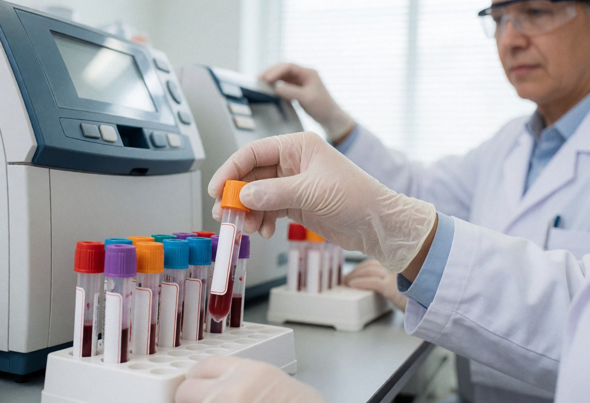 Gloves hand taking a blood sample from a rack with analyzers in the background of a clean clinical laboratory.