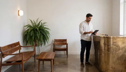 Vue du lobby d'un hôtel affichant un mobilier en bois, une plante verte, un comptoir de réception en bronze et un homme utilisant une tablette dans un cadre lumineux et épuré.
