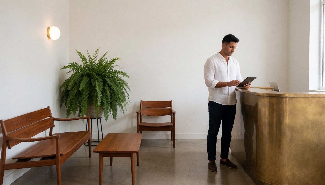 Vue du lobby d'un hôtel affichant un mobilier en bois, une plante verte, un comptoir de réception en bronze et un homme utilisant une tablette dans un cadre lumineux et épuré.