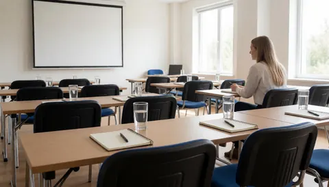 Salle de formation vide avec tables, chaises, cahiers et eau. Une personne seule prend des notes. Lumière naturelle par les fenêtres. Idéal pour présentations et formation.