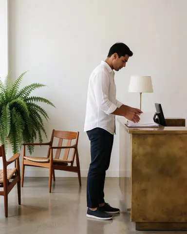 Réceptionniste d'hôtel organisant des papiers sur une table en bronze, avec des chaises en bois et une plante en arrière-plan, dans un environnement propre et moderne.