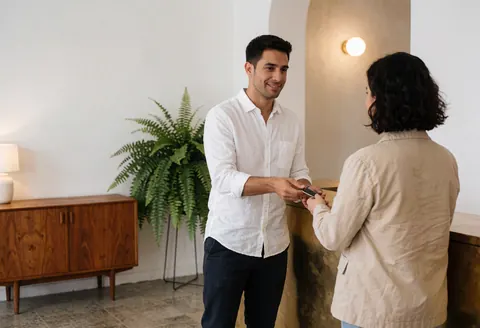Réceptionniste d'hôtel remettant une clé à un client dans un hall moderne avec plantes et meubles en bois.