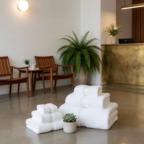 Des serviettes blanches et une plante sont visibles dans le lobby d'un hôtel avec un mobilier moderne.