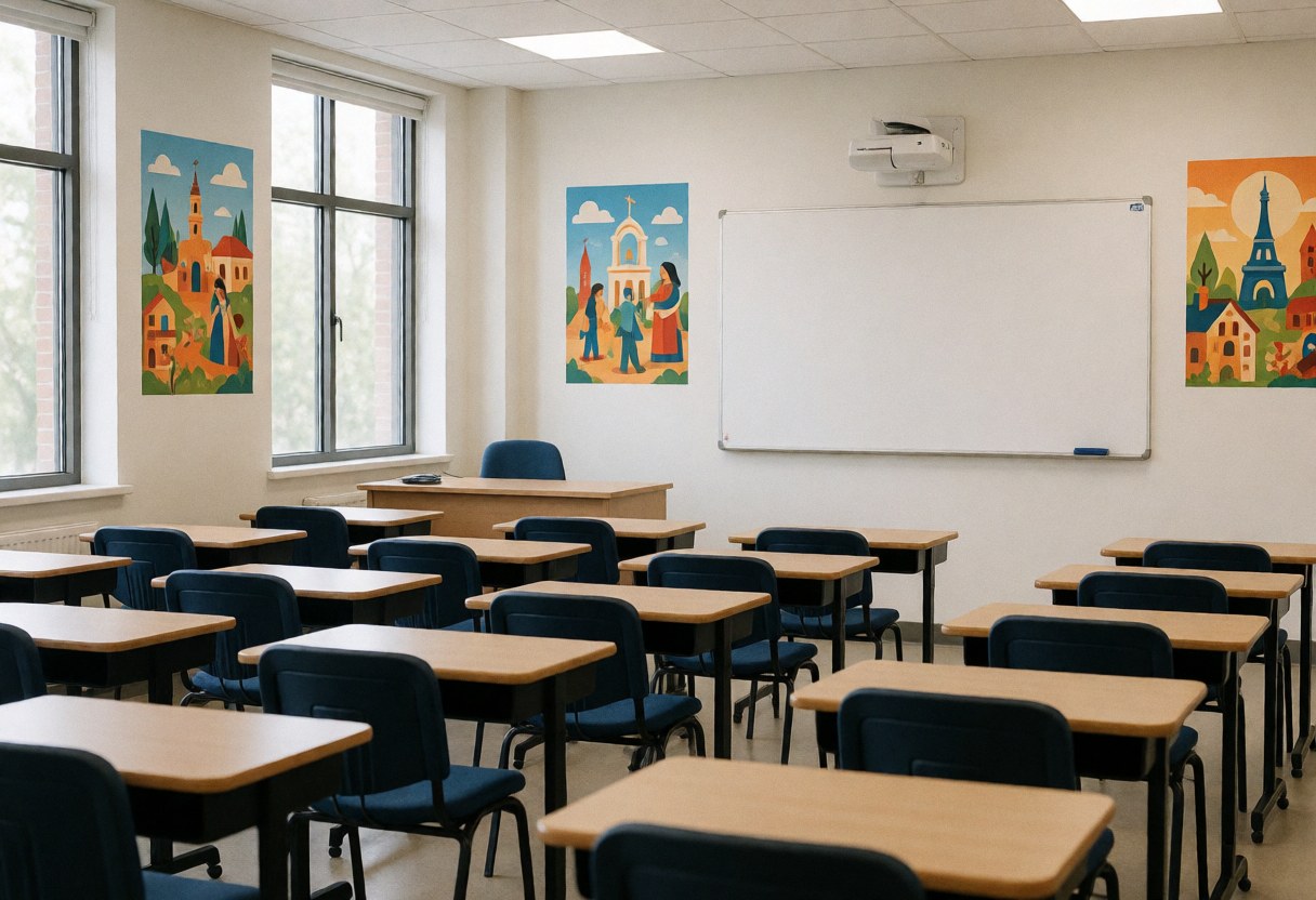Vue d'une salle de classe de langues déserte équipée de tables, de chaises, d'un tableau blanc et de posters sur les murs.