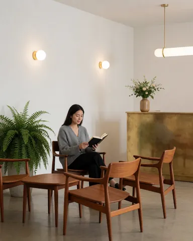 Une femme lit un livre assise sur une chaise en bois dans le lobby moderne d'un hôtel. L'espace est lumineux avec des murs blancs, des plantes et un éclairage chaleureux.