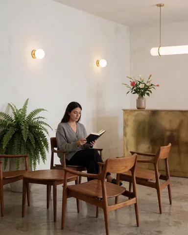 Une femme lit un livre assise sur une chaise en bois dans le lobby moderne d'un hôtel. L'espace est lumineux avec des murs blancs, des plantes et un éclairage chaleureux.