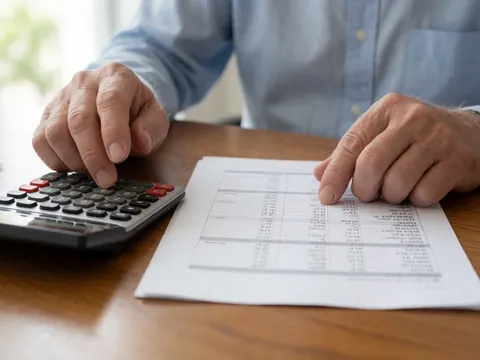 Des mains tenant une calculatrice au-dessus de papiers imprimés avec des tableaux et des chiffres sur un bureau en bois.