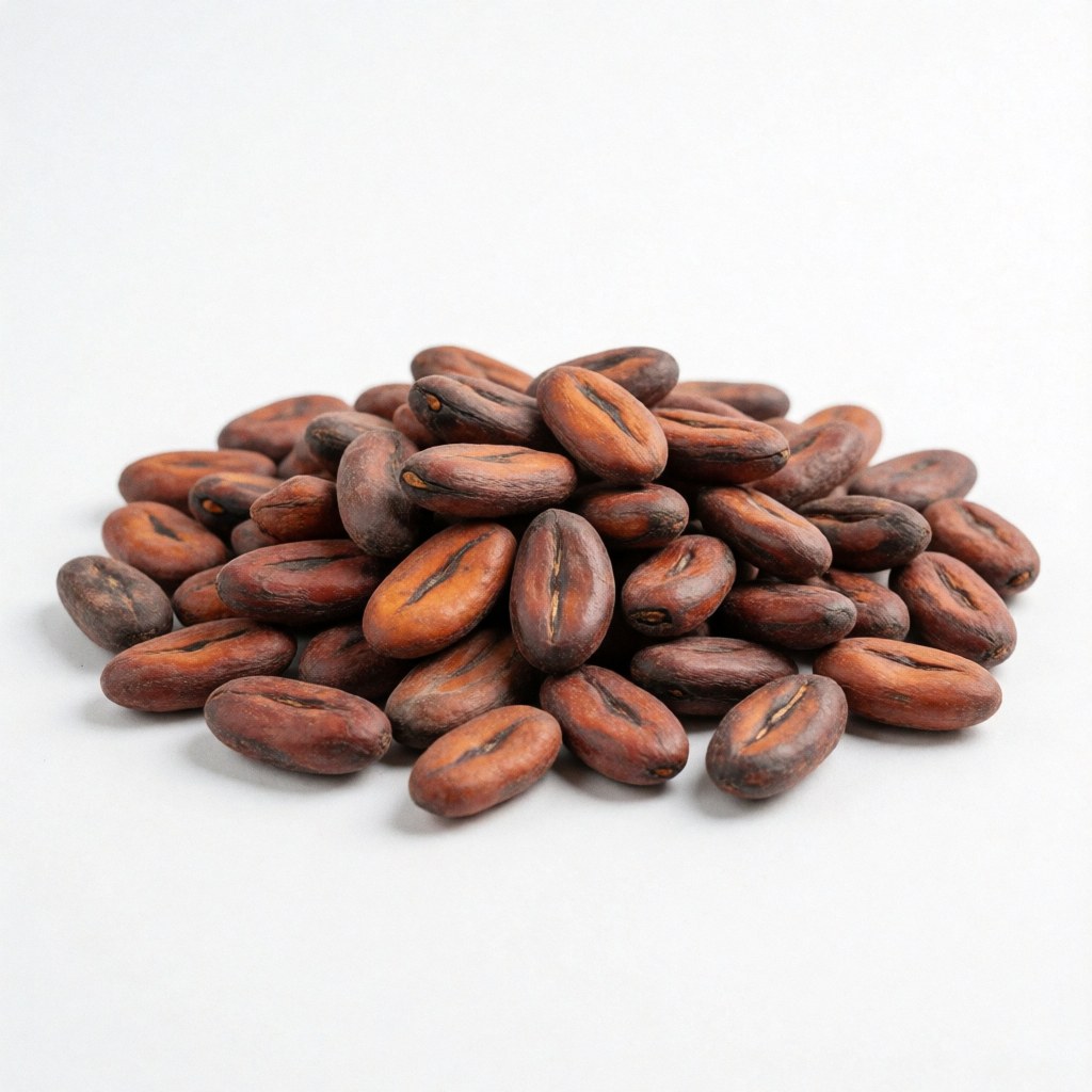 Des grains de cacao crus disposés sur un fond blanc uni, mettant en valeur leur texture naturelle et leur couleur brune caractéristique.