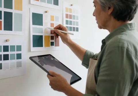 Une designer marketing utilise une tablette avec un stylet pour sélectionner des couleurs de marque, entourée de palettes sur le mur de son studio.