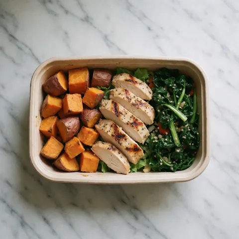 Assiette de repas sain avec poulet rôti, pommes de terre cuites et légumes verts dans un récipient sur marbre blanc, idéal pour la nutrition et le bien-être.