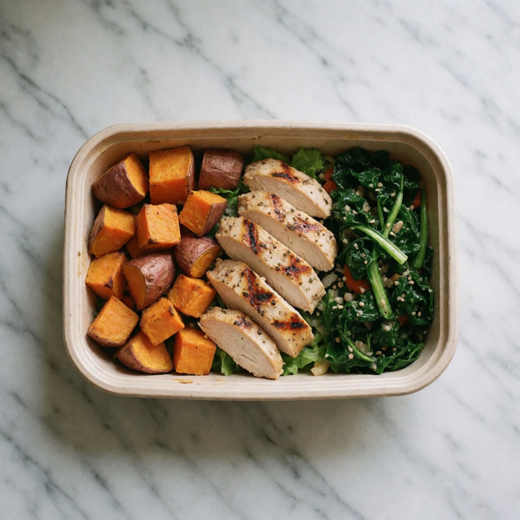 Assiette de repas sain avec poulet rôti, pommes de terre cuites et légumes verts dans un récipient sur marbre blanc, idéal pour la nutrition et le bien-être.