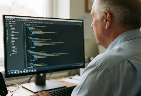 Un homme mature vérifie du code informatique sur un écran dans un bureau éclairé par la lumière naturelle, dans un environnement professionnel et réaliste.