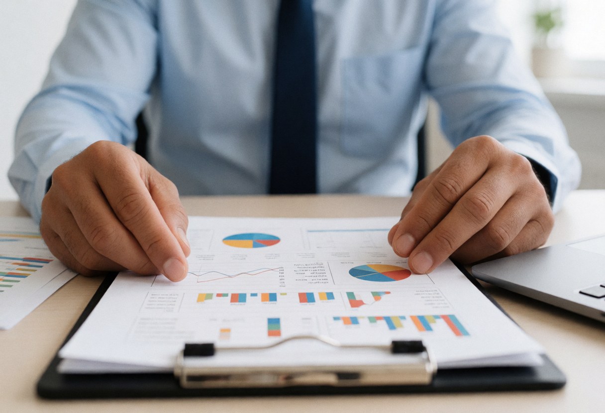 Un homme professionnel examine des dossiers avec graphiques financiers sur un bureau, accompagné d'un ordinateur et de papiers dans un environnement de travail ordonné.