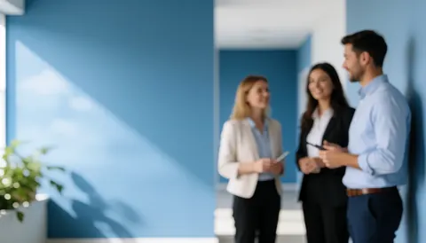 Un couloir d'entreprise moderne avec des murs bleus et une lumière naturelle, créant un arrière-plan professionnel pour du texte.
