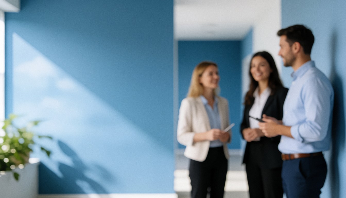 Un couloir d'entreprise moderne avec des murs bleus et une lumière naturelle, créant un arrière-plan professionnel pour du texte.