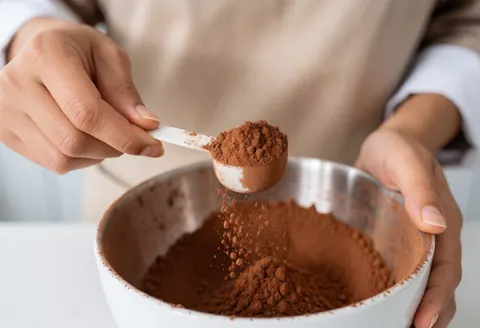 Une cuisinière mesure du cacao en poudre avec une cuillère dans un bol sur une cuisine propre et bien éclairée.