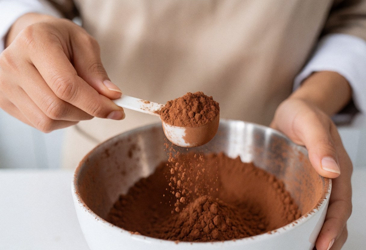 Une cuisinière mesure du cacao en poudre avec une cuillère dans un bol sur une cuisine propre et bien éclairée.