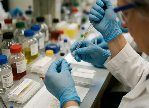 Des mains portant des gants bleus utilisent une pipette pour déposer une goutte sur une lame de microscope dans un contexte clinique professionnel.