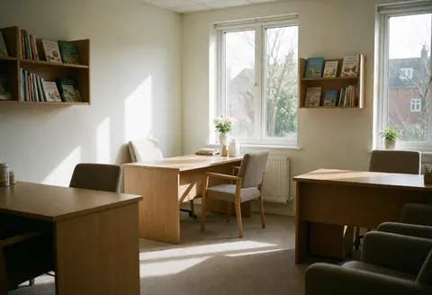 Espace de consultation en nutrition avec tables, chaises et étagères remplies de livres. Lumière naturelle entrant par les fenêtres. Ambiance calme et professionnelle.