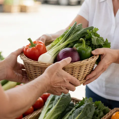 Des mains tendent une caisse remplie de légumes frais tels que poivrons, oignons et laitue à une autre personne dans un cadre en plein air.