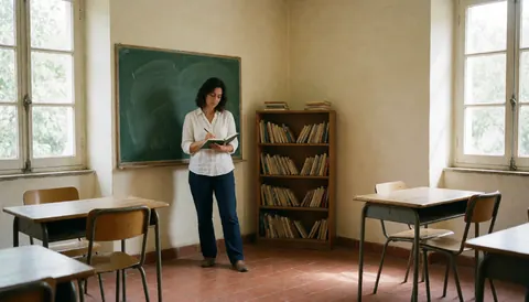 Une salle de classe calme et accueillante avec des meubles en bois, des livres sur les étagères et une lumière naturelle entrant par les fenêtres.