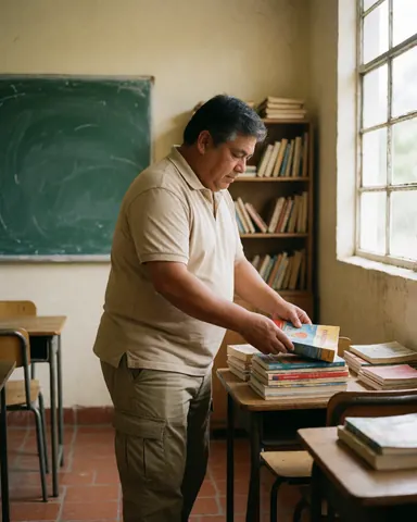 Un professeur organise des livres sur une table dans une salle de cours avec un tableau et des étagères.