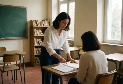 Une enseignante aide individuellement un étudiant dans une salle de classe lumineuse avec des livres et un tableau blanc.
