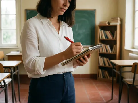 Une femme écrit dans un cahen avec un crayon sur une table en bois dans une salle de cours.