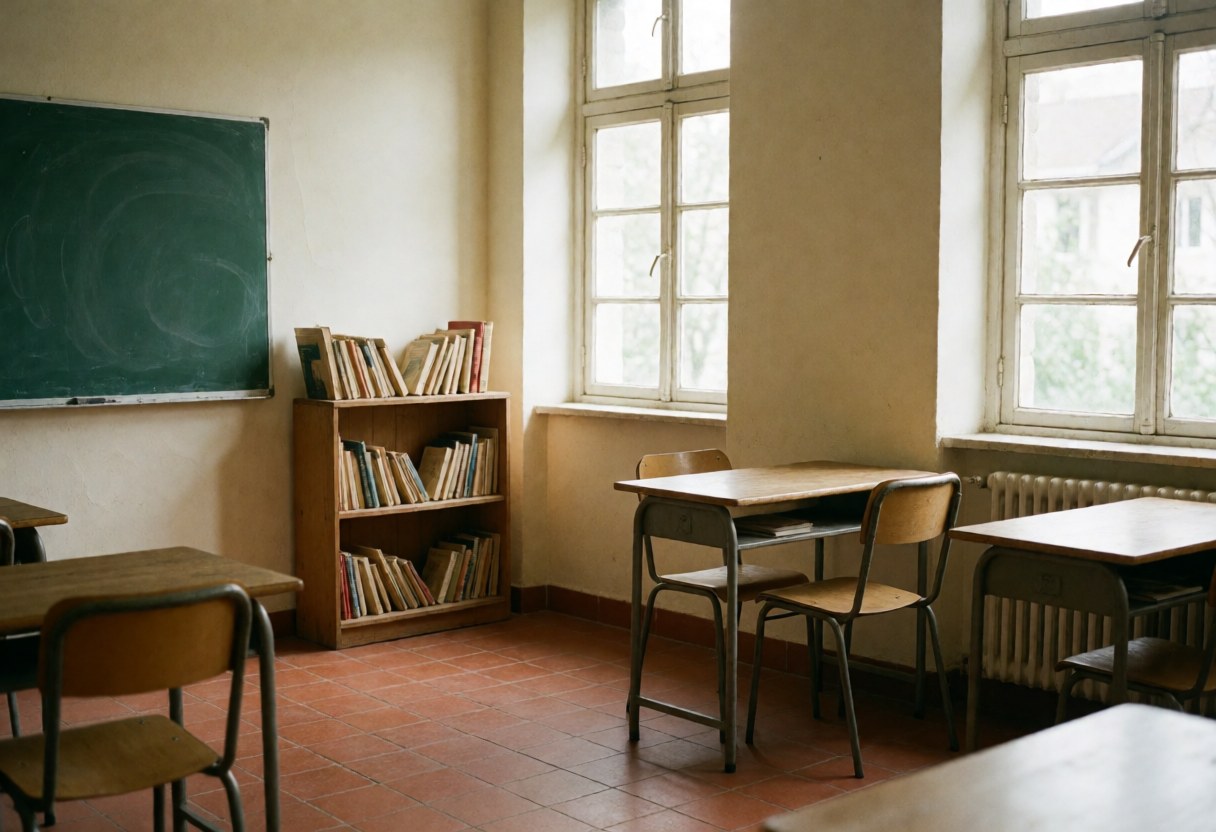 Salle de classe vide dotée d'un tableau vert, d'une étagère à livres, de tables en bois et de fenêtres laissant entrer la lumière naturelle.