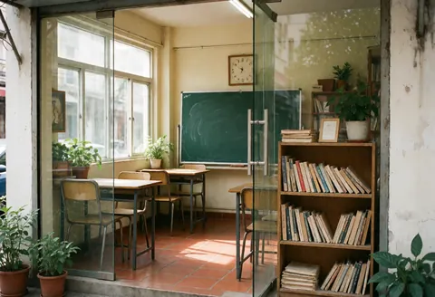 Façade d'une école de langues avec sol en terre cuite, tableau vert, étagère de livres et tables avec chaises, éclairé par la lumière naturelle.