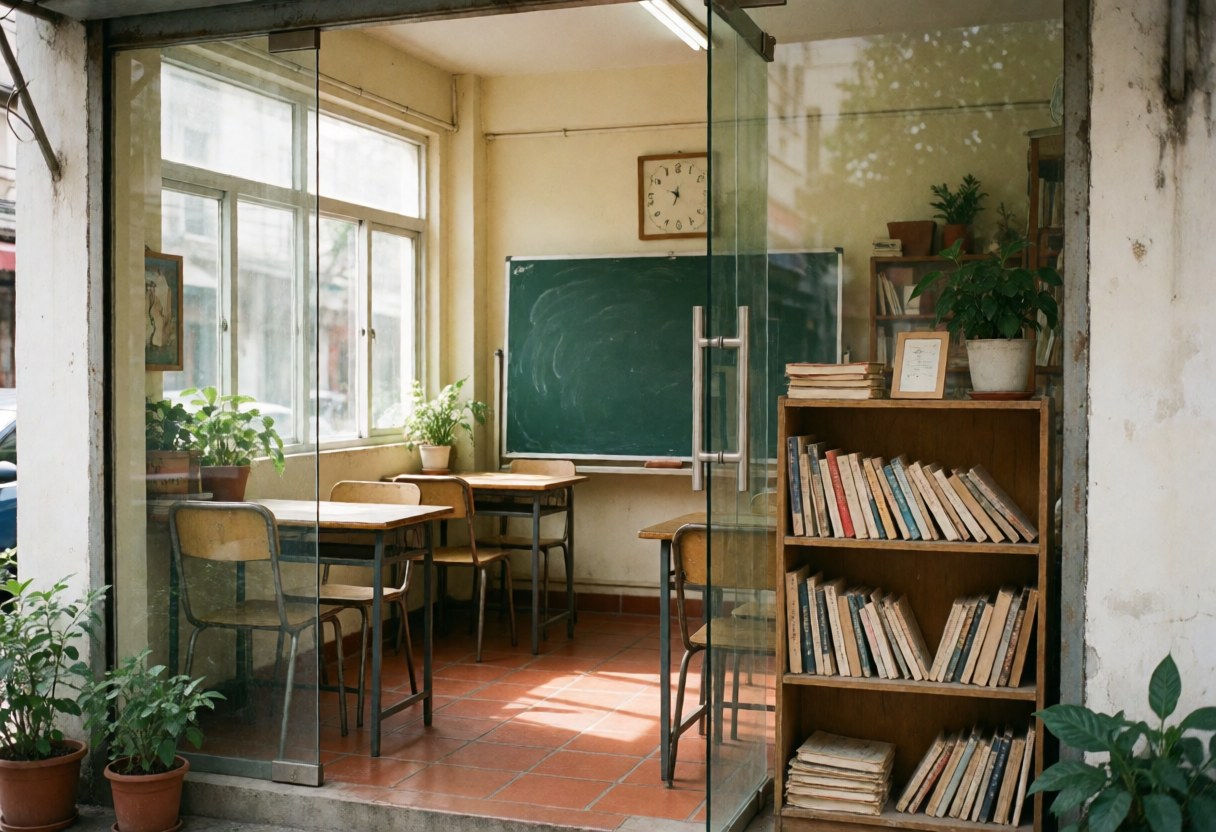 Façade d'une école de langues avec sol en terre cuite, tableau vert, étagère de livres et tables avec chaises, éclairé par la lumière naturelle.