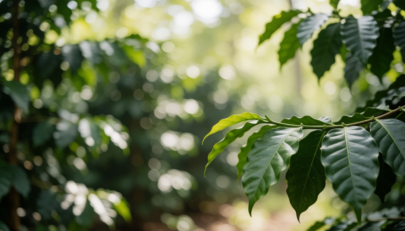 Un fond composé de feuilles de café vertes vives offrant une texture naturelle et douce, idéal pour superposer du texte dans un contexte agricole ou écologique.