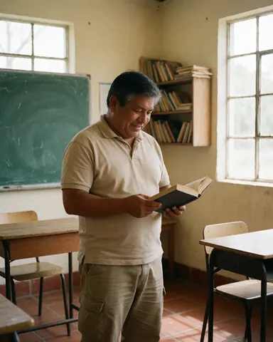 Un homme souriant lit un livre dans une salle de classe lumineuse avec des étagères, un tableau et une fenêtre.