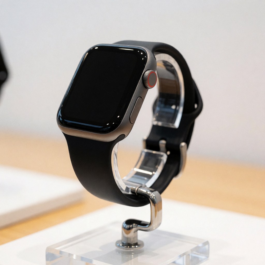 Une montre intelligente noire et argentée est présentée sur un socle transparent en verre, mettant en valeur son design moderne et minimaliste dans une vitrine de technologie.