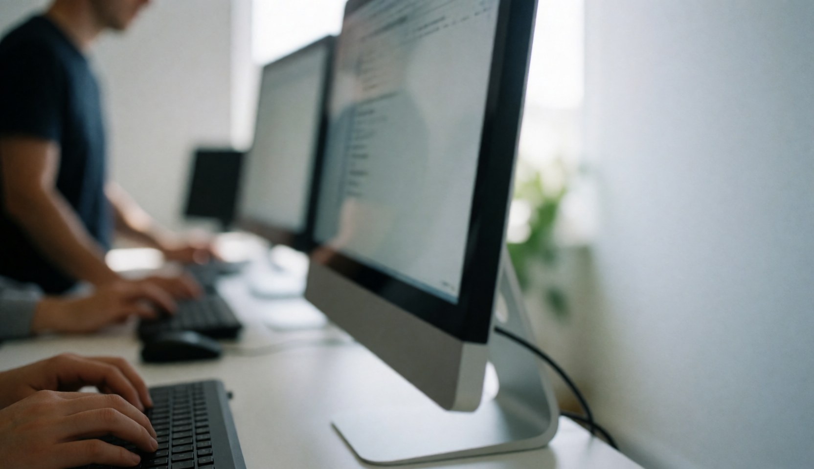 Composition abstraite évoquant la technologie des ressources humaines avec des éléments graphiques modernes sur fond clair.