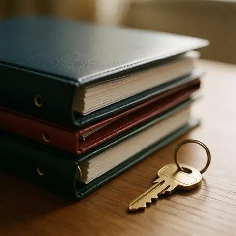 Des dossiers de couleurs variées empilés avec une clé métallique posée dessus, symbolisant la protection des actifs et la sécurité des documents en entreprise.