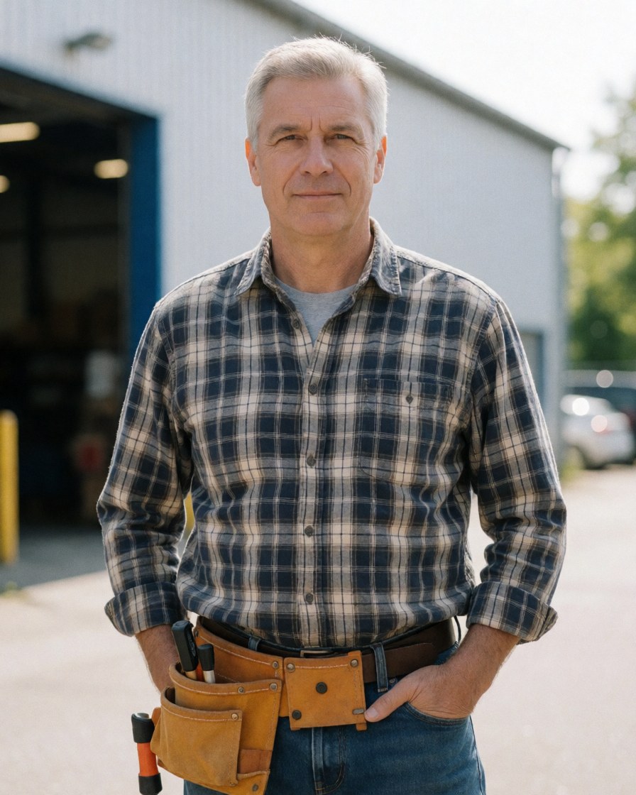 Un ingénieur portant une ceinture à outils se tient debout devant un entrepôt, regardant l'appareil photo avec une lumière naturelle et un arrière-plan flou.