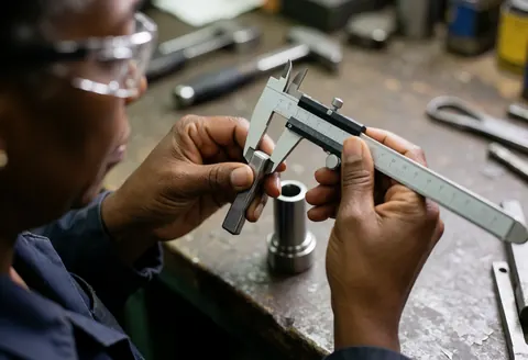 Vérification de précision d'une pièce métallique à l'aide d'un pied à coulisse dans un atelier industriel.