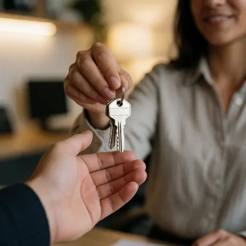 Des mains tendent des clés vers un client dans un bureau éclairé de manière chaleureuse, symbolisant l'accès et la sécurité d'un service professionnel.
