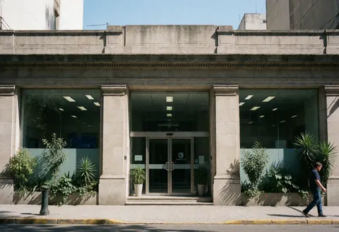 Entrée d'un immeuble de bureaux avec une façade en pierre, des portes vitrées et de la végétation sous un ciel clair.
