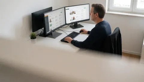 Un homme dans un bureau minimaliste travaille sur un ordinateur avec des cours en ligne affichés à l'écran, laissant de l'espace pour le texte en bas.