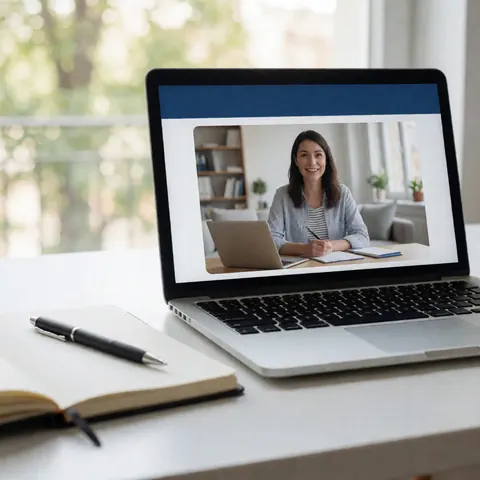 Ordinateur portable posé sur un bureau avec un cahier et un stylo pour la formation professionnelle.