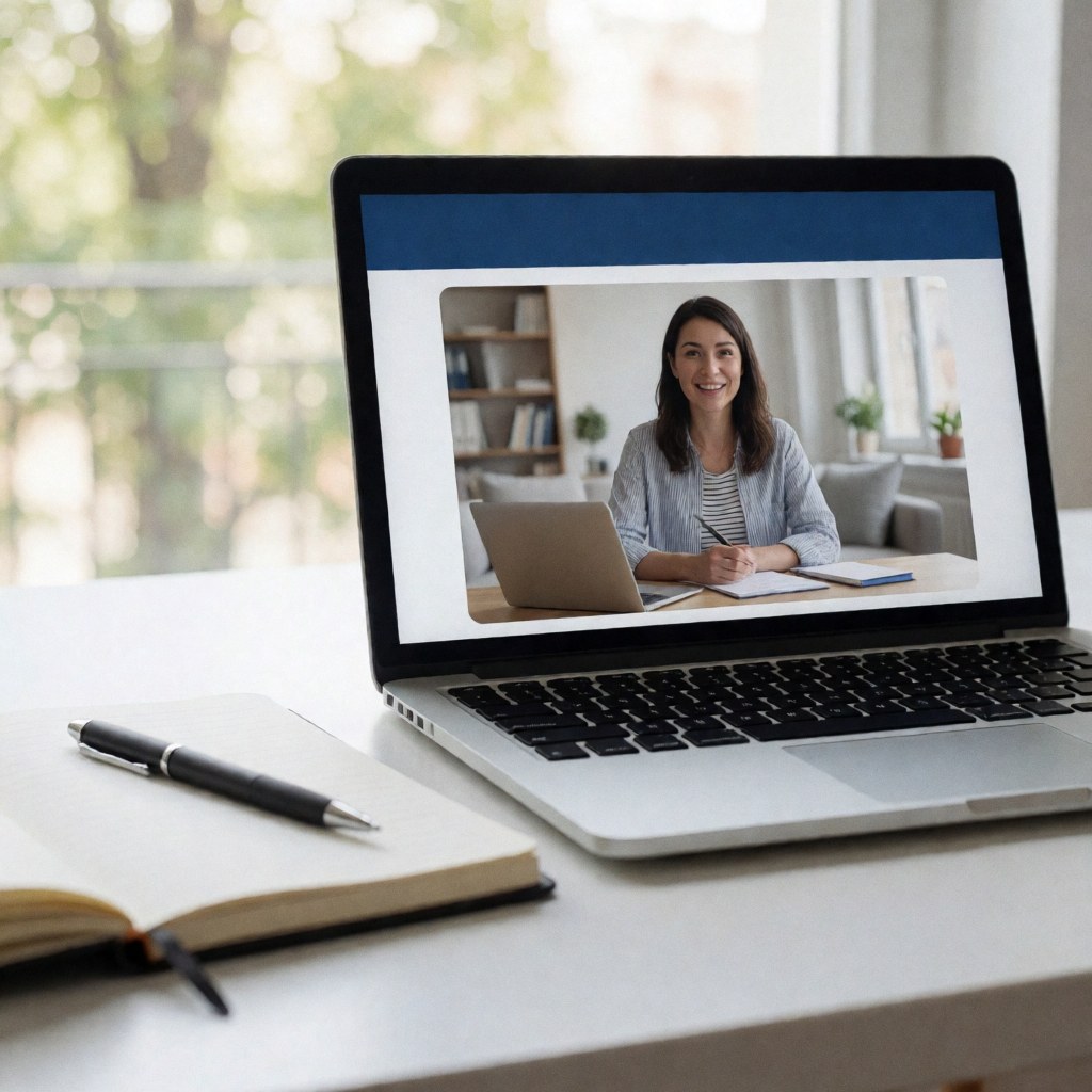 Ordinateur portable posé sur un bureau avec un cahier et un stylo pour la formation professionnelle.